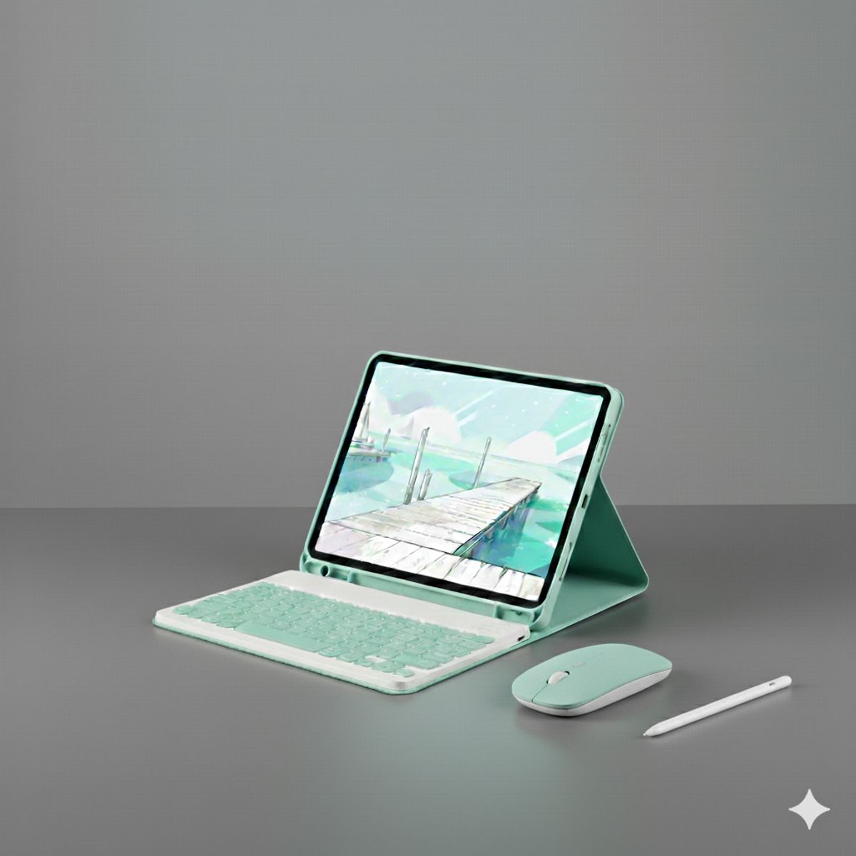 GENERICO - PACK SMART IPAD 10.2 Funda Verde Menta + teclado mouse y lápiz táctil