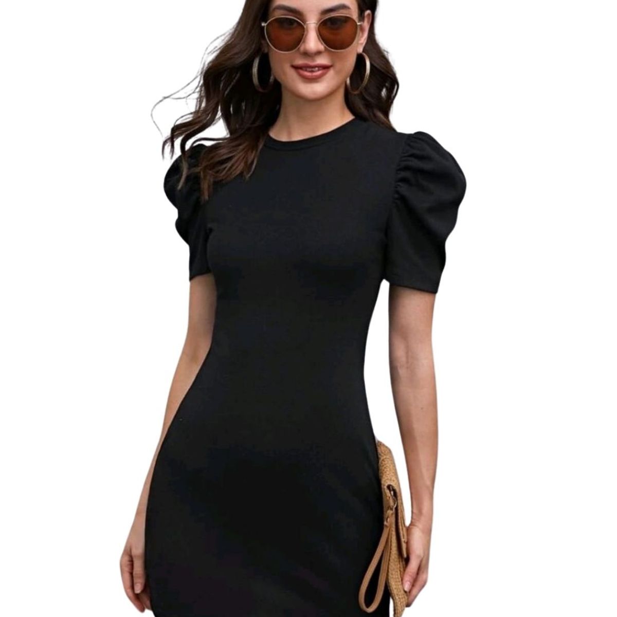 GENERICO - VESTIDO AJUSTADO LISO MANGA CORTA BOMBACHE IDEAL PARA FIESTA