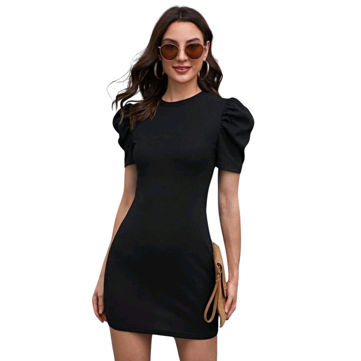 GENERICO - VESTIDO AJUSTADO LISO MANGA CORTA BOMBACHE IDEAL PARA FIESTA