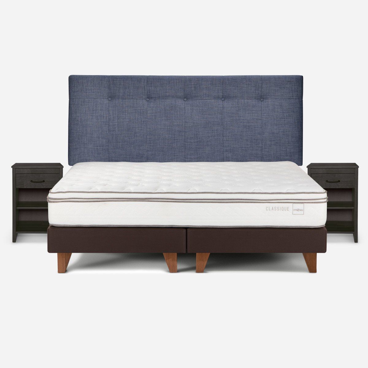 ROSEN - Cama Europea Classique+ 2 Plazas +Respaldo y Veladores Denim