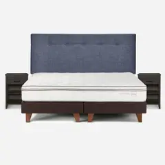 ROSEN - Cama Europea Classique+ 2 Plazas +Respaldo y Veladores Denim