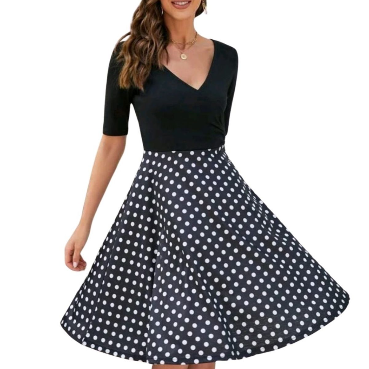 GENERICO - VESTIDO ACAMPANADO CASUAL MANGA 34 FALDA LUNARES IDEAL PARA FIESTA