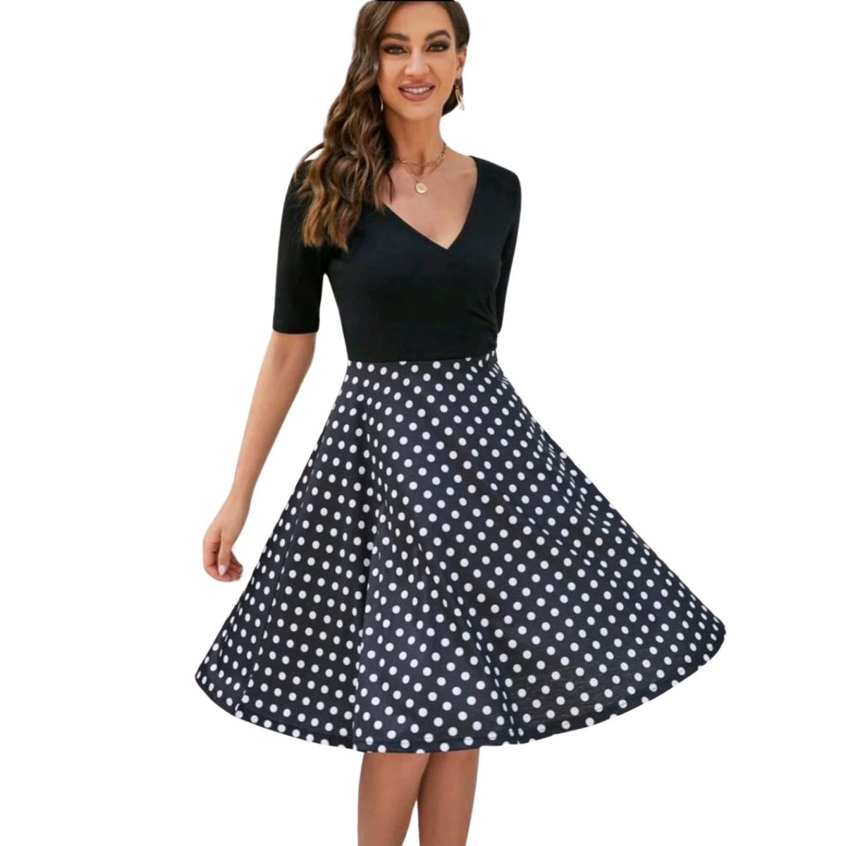GENERICO - VESTIDO ACAMPANADO CASUAL MANGA 34 FALDA LUNARES IDEAL PARA FIESTA