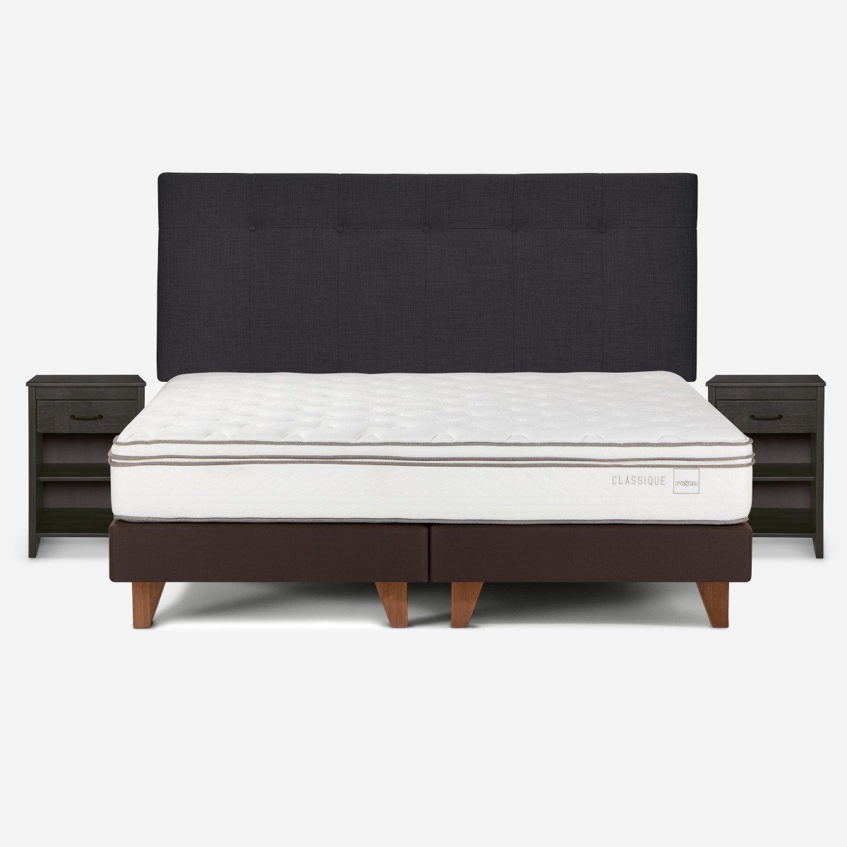 ROSEN - Cama Europea Classique+ 2 Plazas+Respaldo +Veladores Grafito