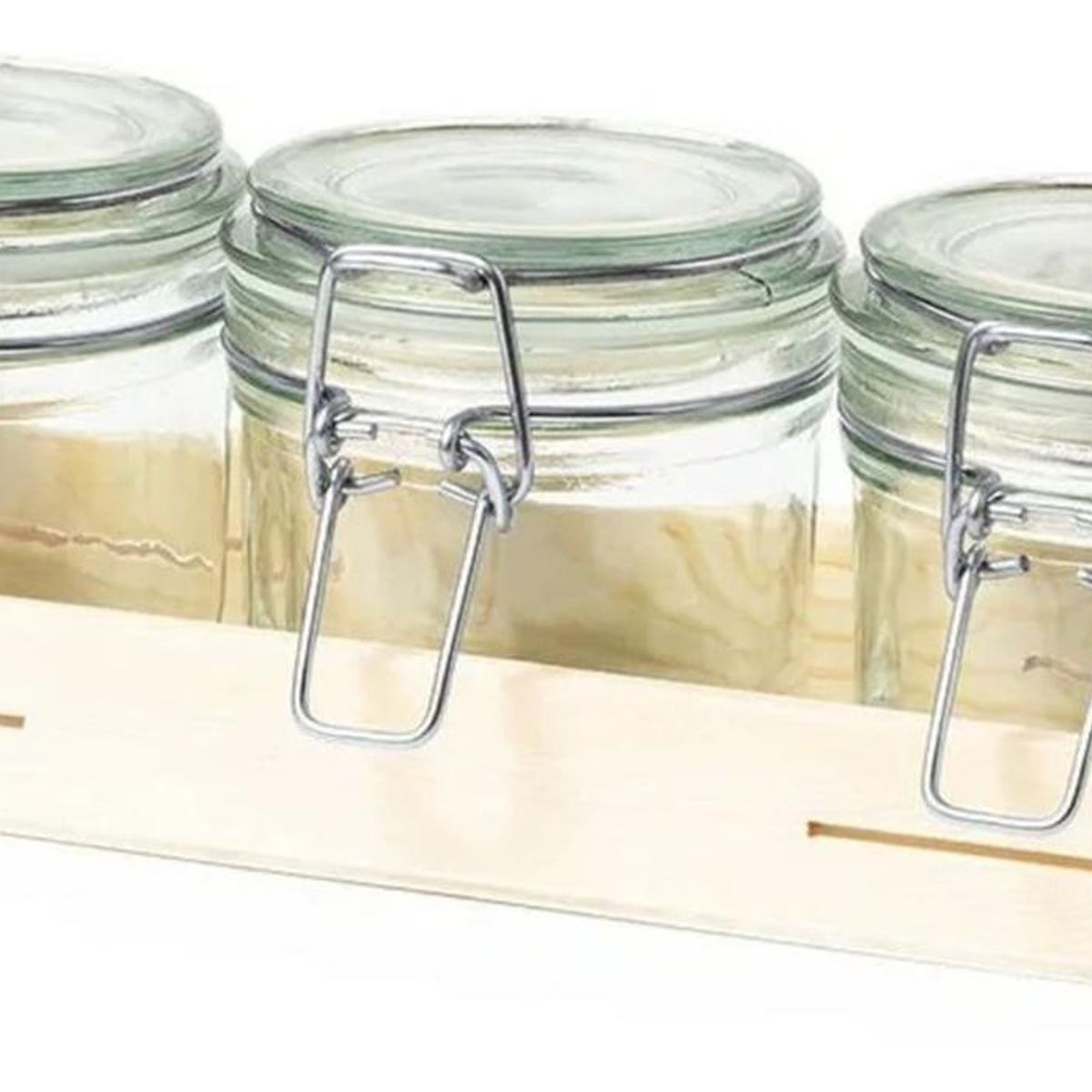 IMPORTCLICK - Set 3 Frascos Contenedores Vidrio Base Madera Gab 230 ML IMPORTCLICK