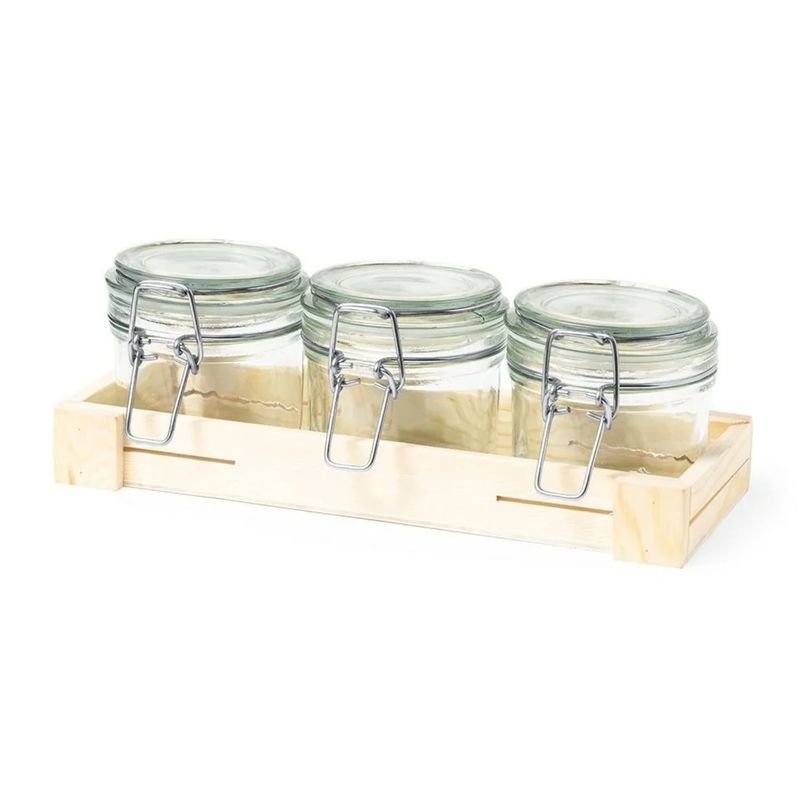 IMPORTCLICK - Set 3 Frascos Contenedores Vidrio Base Madera Gab 230 ML IMPORTCLICK