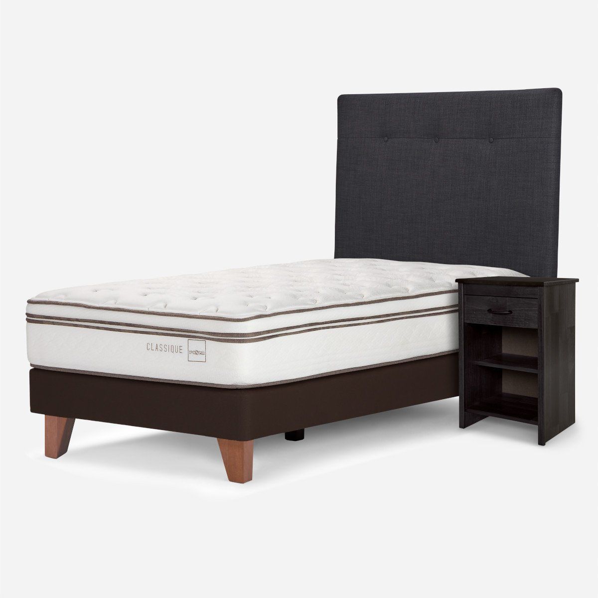ROSEN - Cama Europea Classique+ 1,5 Plazas +Respaldo/Velador Grafito
