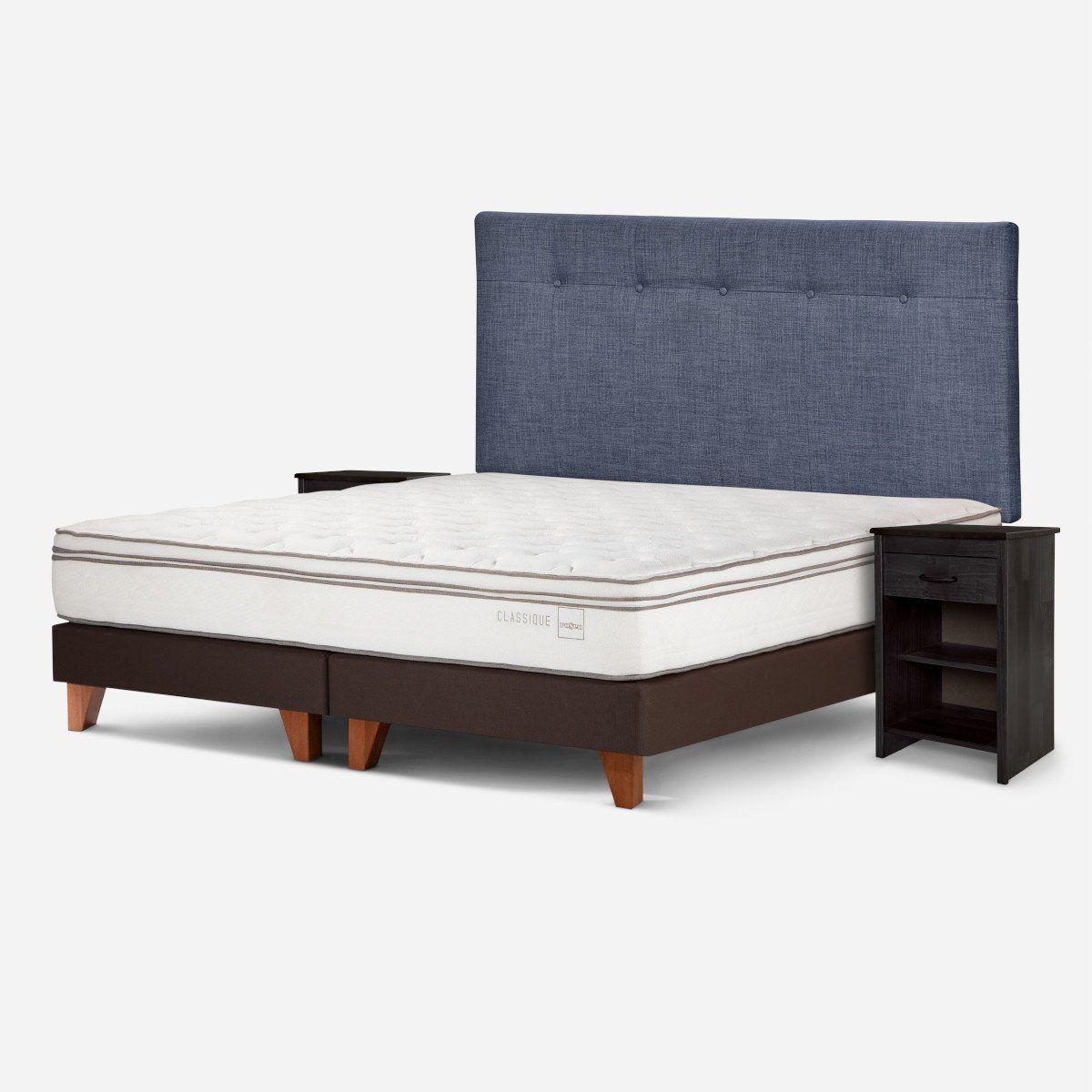 ROSEN - Cama Classique+ King + Respaldo y Veladores Maurice Denim