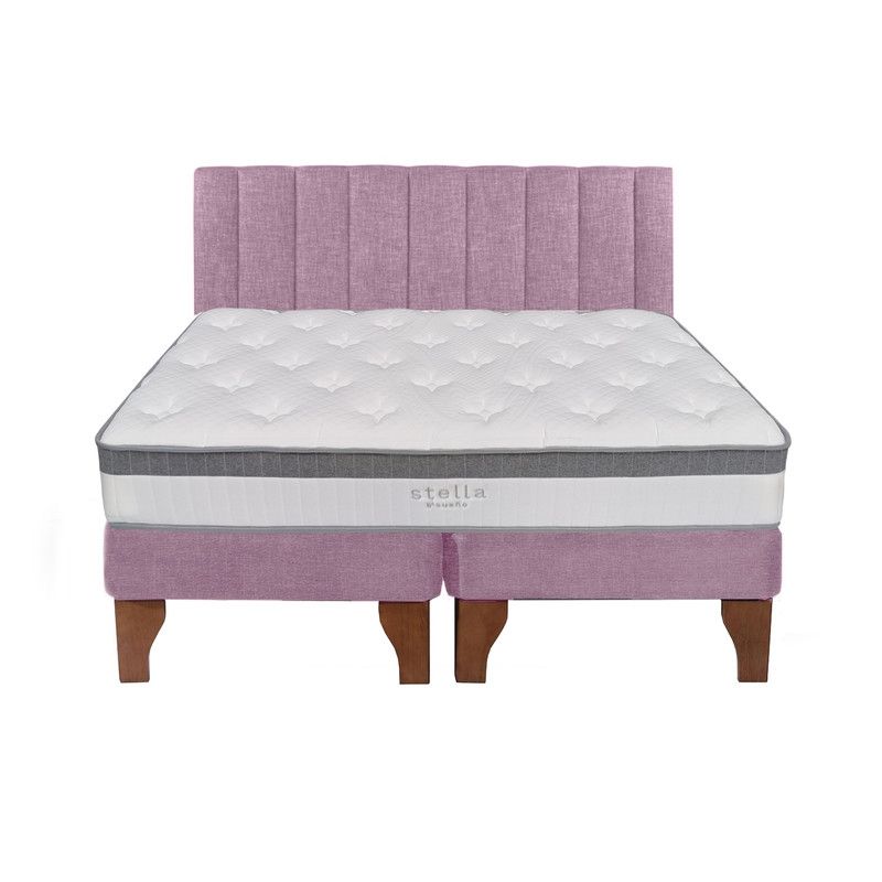 5 SUEÑO - Cama Europea 2 Plazas + Respaldo Tubular Madera Rosada