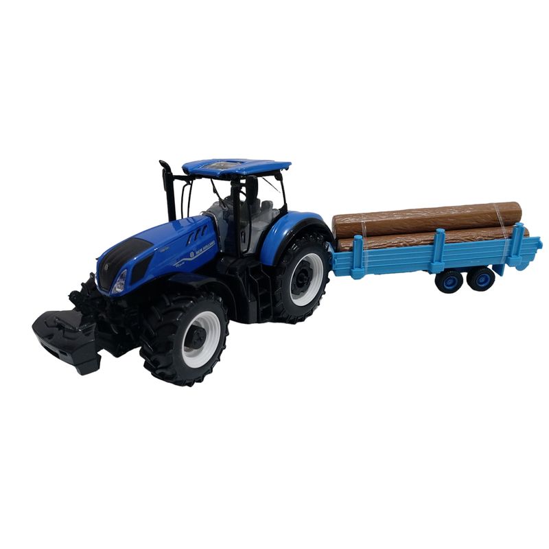 BBURAGO - Tractor a escala 1.32 azul New Holland con carro y troncos