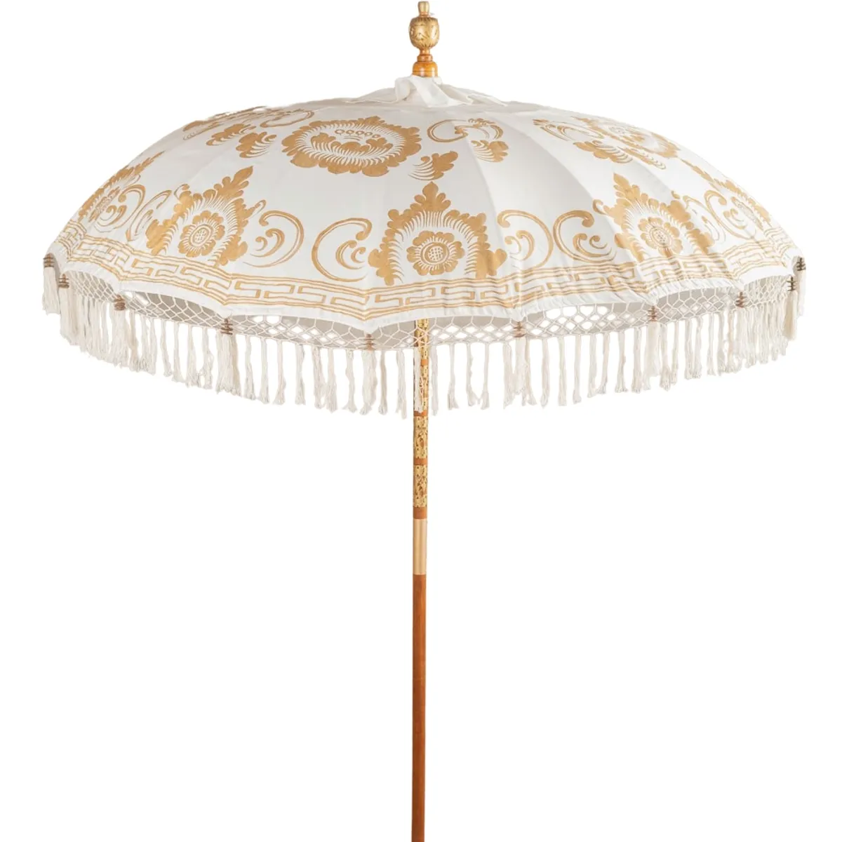 GENERICO - Quitasol Terraza de Madera y Lona Blanco Con Flecos Pintado a Mano