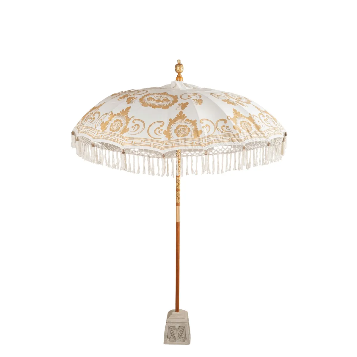 GENERICO - Quitasol Terraza de Madera y Lona Blanco Con Flecos Pintado a Mano