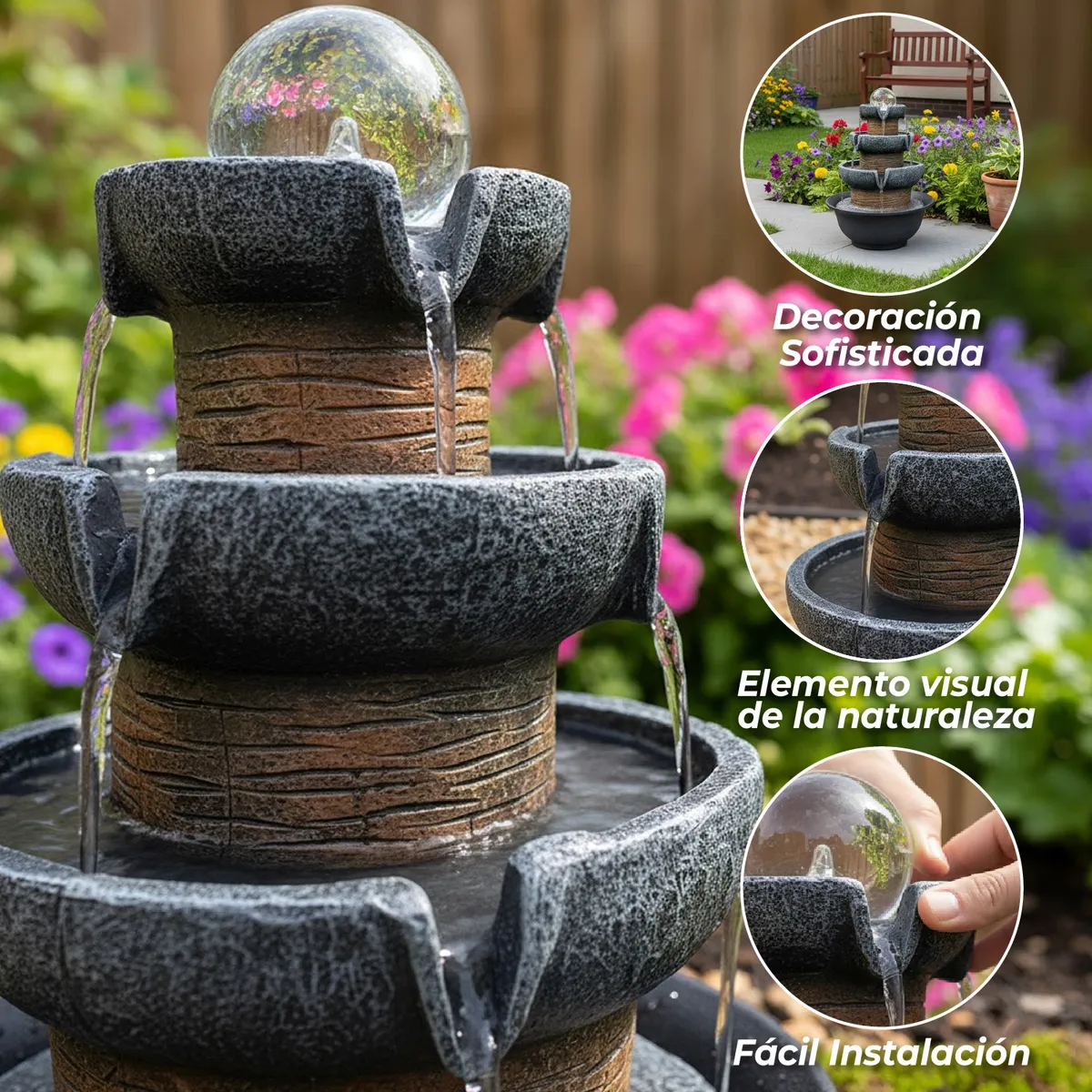 MUNDO ONLINE - Fuente de agua Cascada natural 3 niveles con iluminación LED