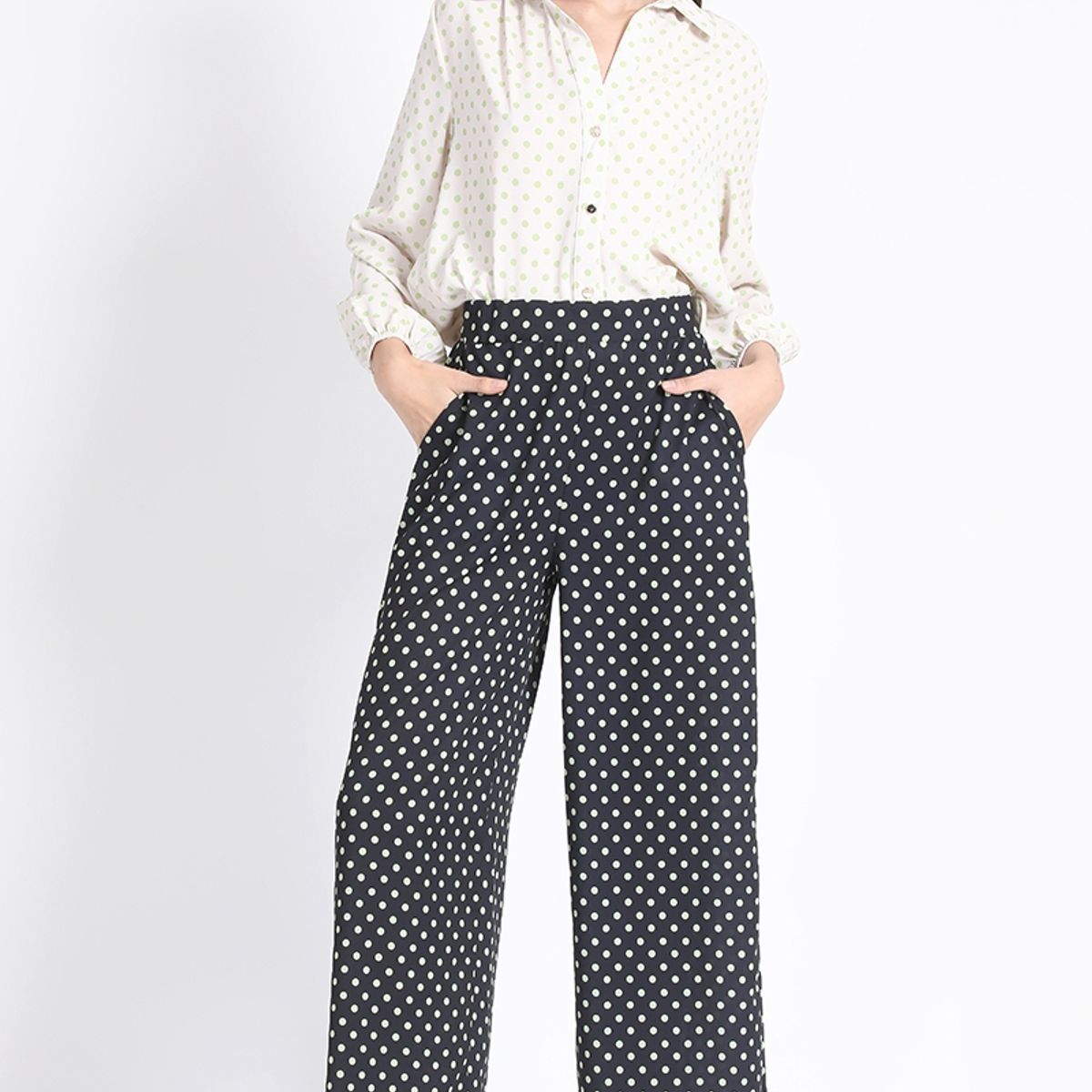 LIOLA - Pantalon Ancho Estampado Lunares, Verde Liola
