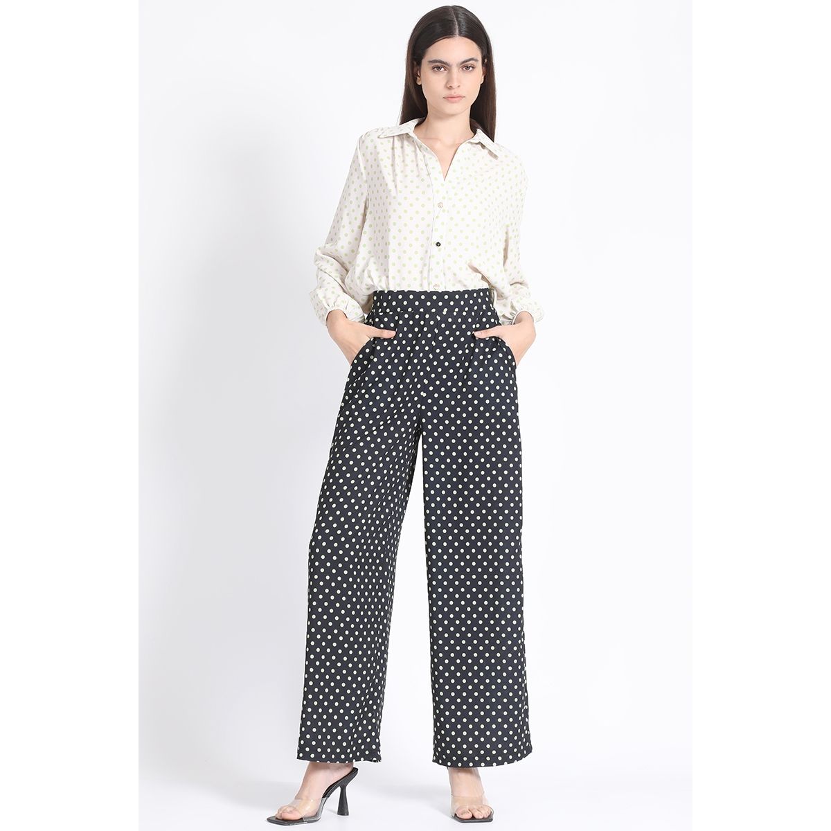 LIOLA - Pantalon Ancho Estampado Lunares, Verde Liola