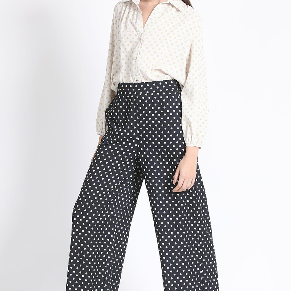 LIOLA - Pantalon Ancho Estampado Lunares, Verde Liola