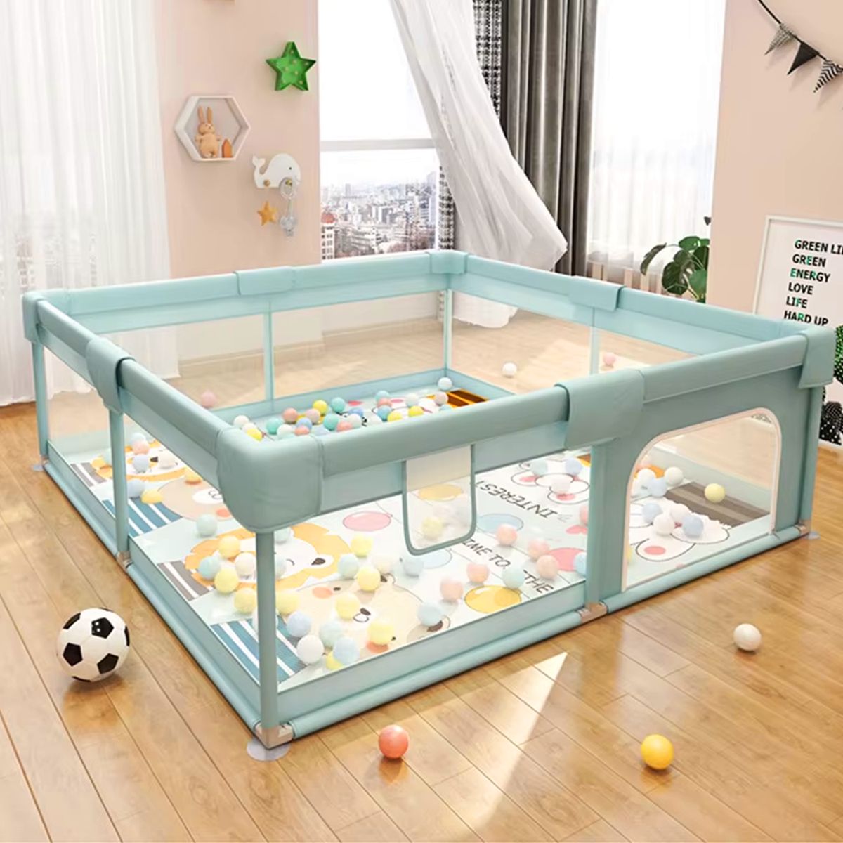 MON PETIT - Corral de Seguridad Bebe 180cm Rectangular Celeste