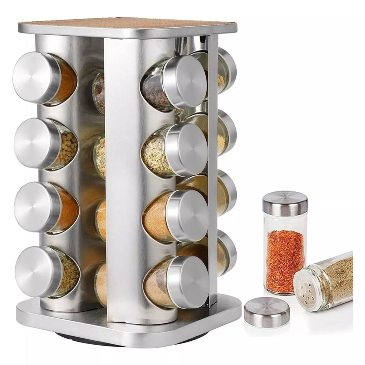 GENERICO - Especiero Cocina 16 Condimentos Giratorio Vidrio Acero Inox