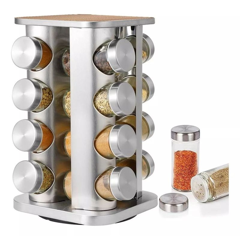 GENERICO - Especiero Cocina 16 Condimentos Giratorio Vidrio Acero Inox