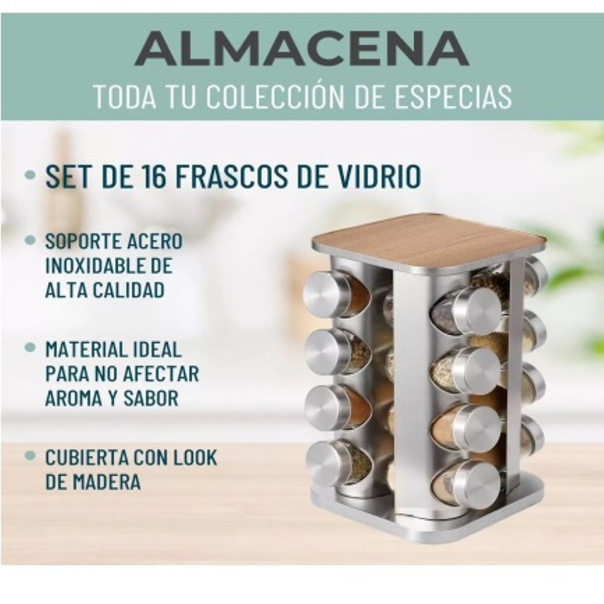 GENERICO - Especiero Cocina 16 Condimentos Giratorio Vidrio Acero Inox