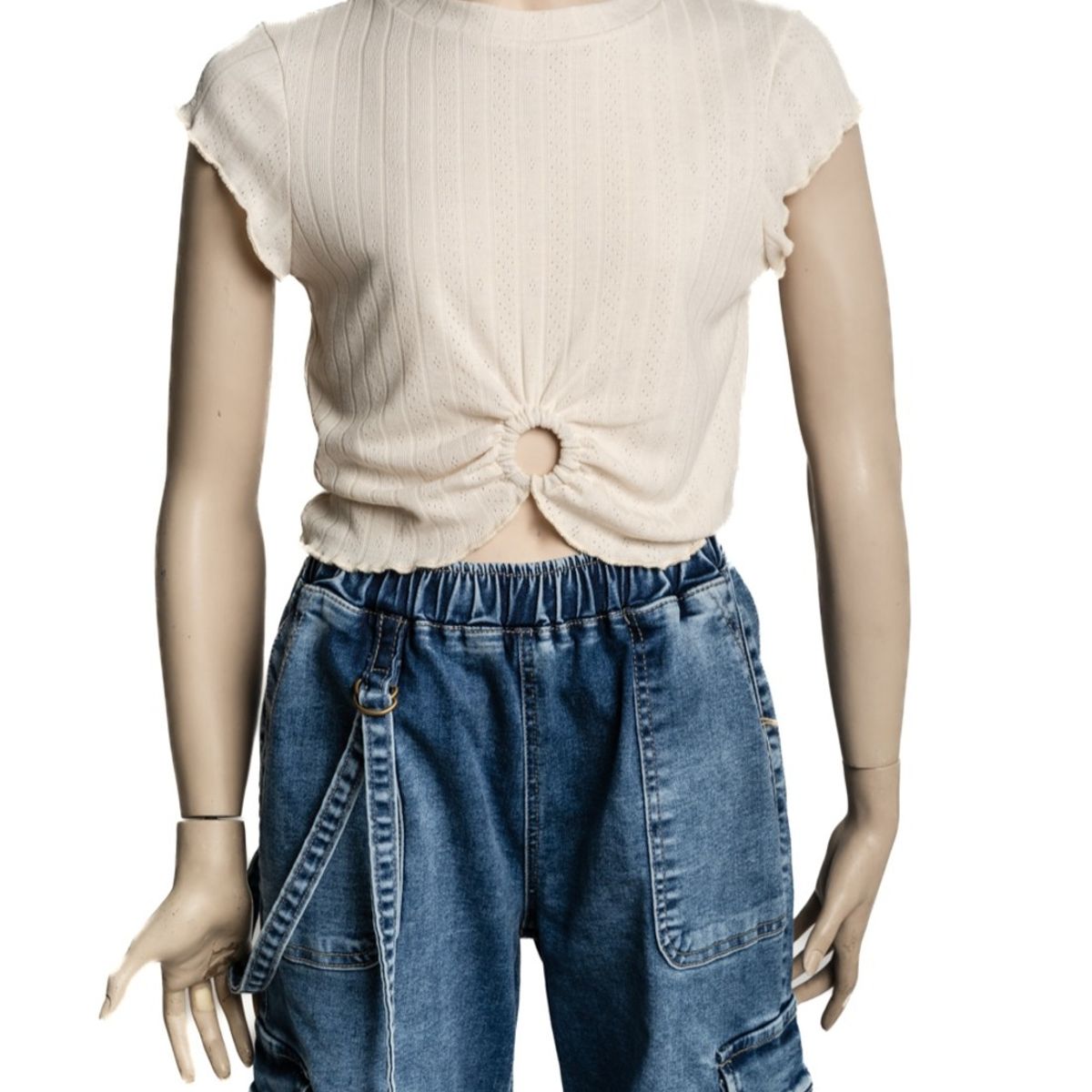 CACAO - Polera Pipa Regular Tejida y Argolla Color Crudo Cacao