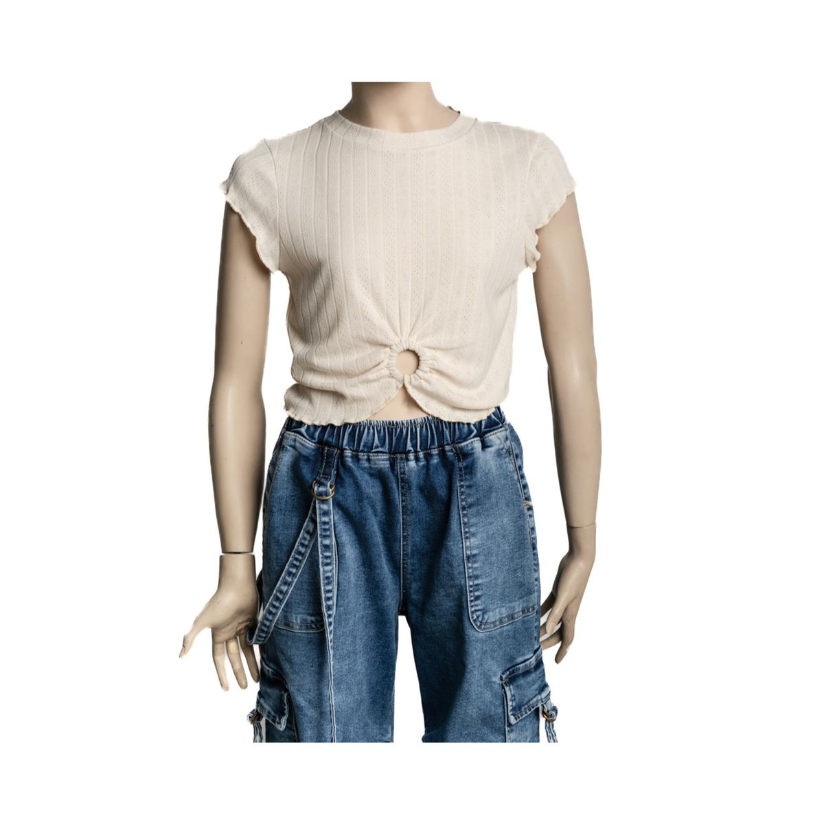 CACAO - Polera Pipa Regular Tejida y Argolla Color Crudo Cacao