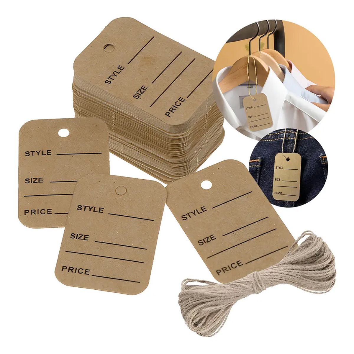 GENERICO - 100 Etiquetas Tags De Papel Kraft Para Precios Ropa 4x2.5cm