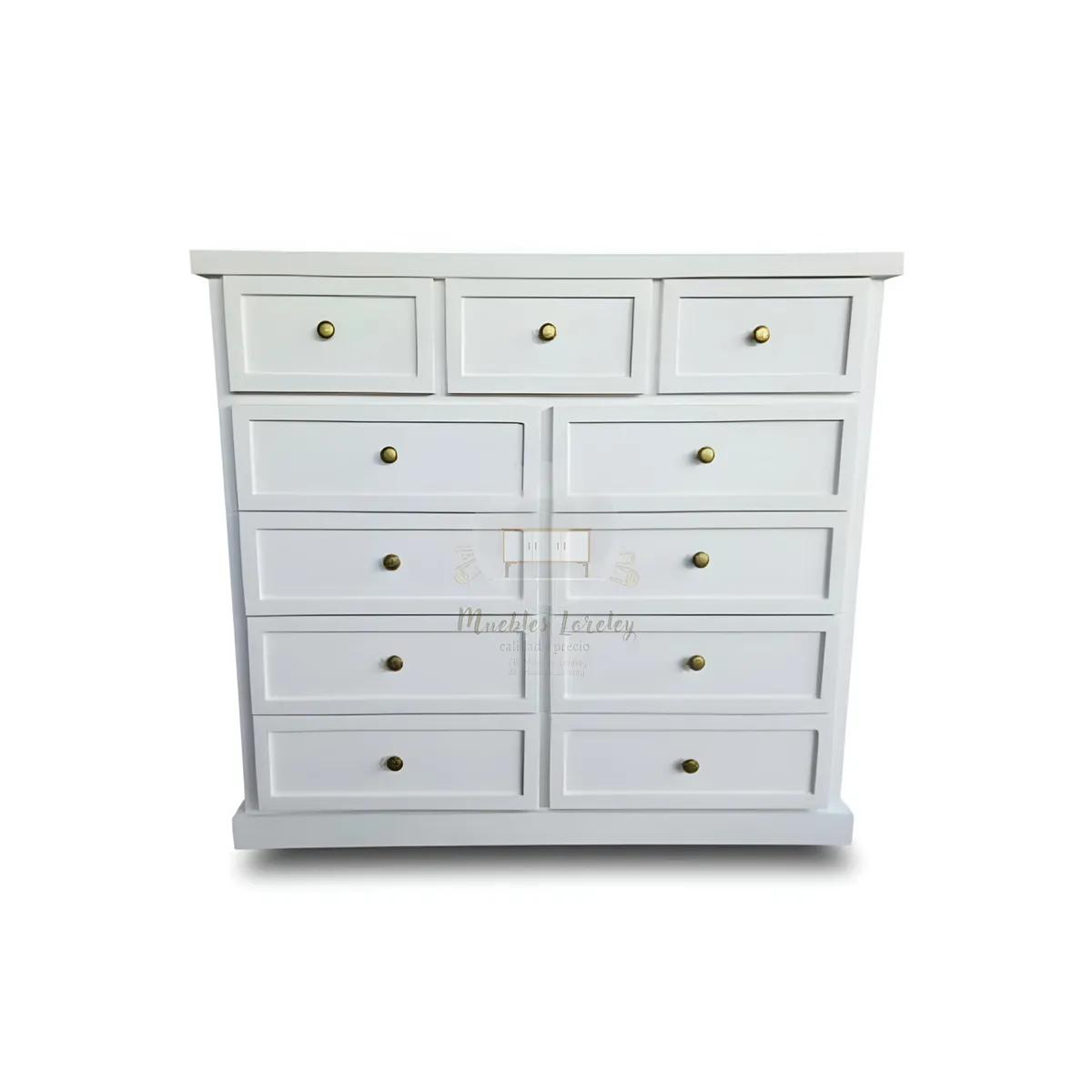 RUSTIC STYLE - COMODA MADERA DE 11 CAJONES BLANCA CON TIRADORES DELUXE.