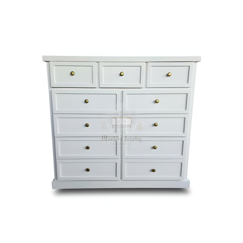 RUSTIC STYLE - COMODA DE 11 CAJONES BLANCA CON TIRADORES DELUXE.