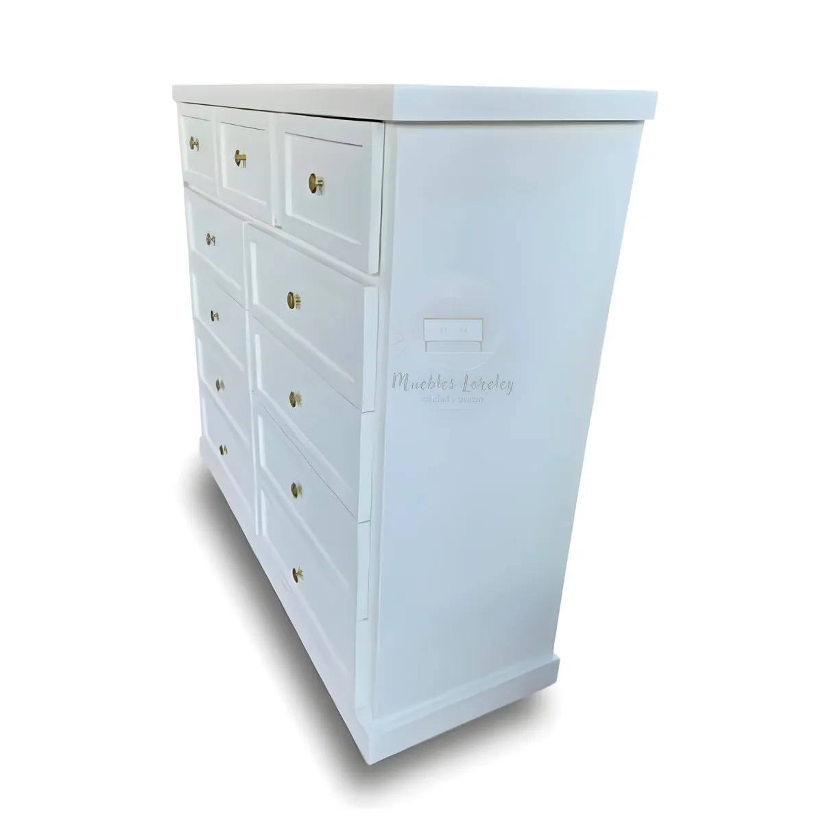 RUSTIC STYLE - COMODA MADERA DE 11 CAJONES BLANCA CON TIRADORES DELUXE.