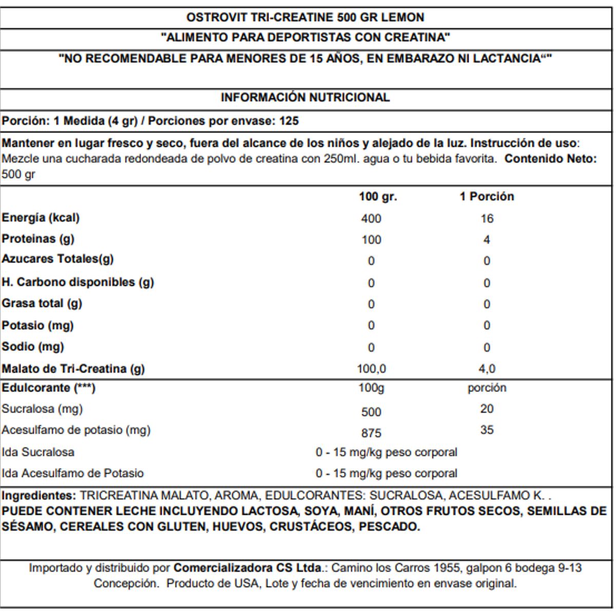 OSTROVIT - CREATINA MONOHIDRATADA 500 GR LEMON OSTROVIT.