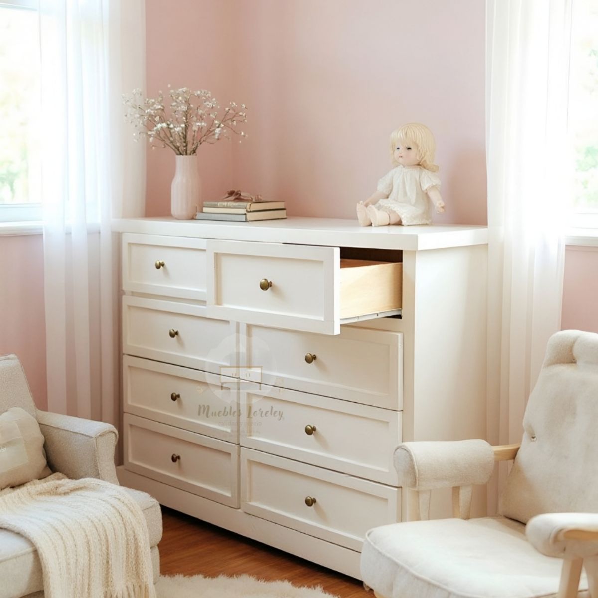 RUSTIC STYLE - COMODA MADERA 9 CAJONES BLANCA Y TIRADORES DELUXE.