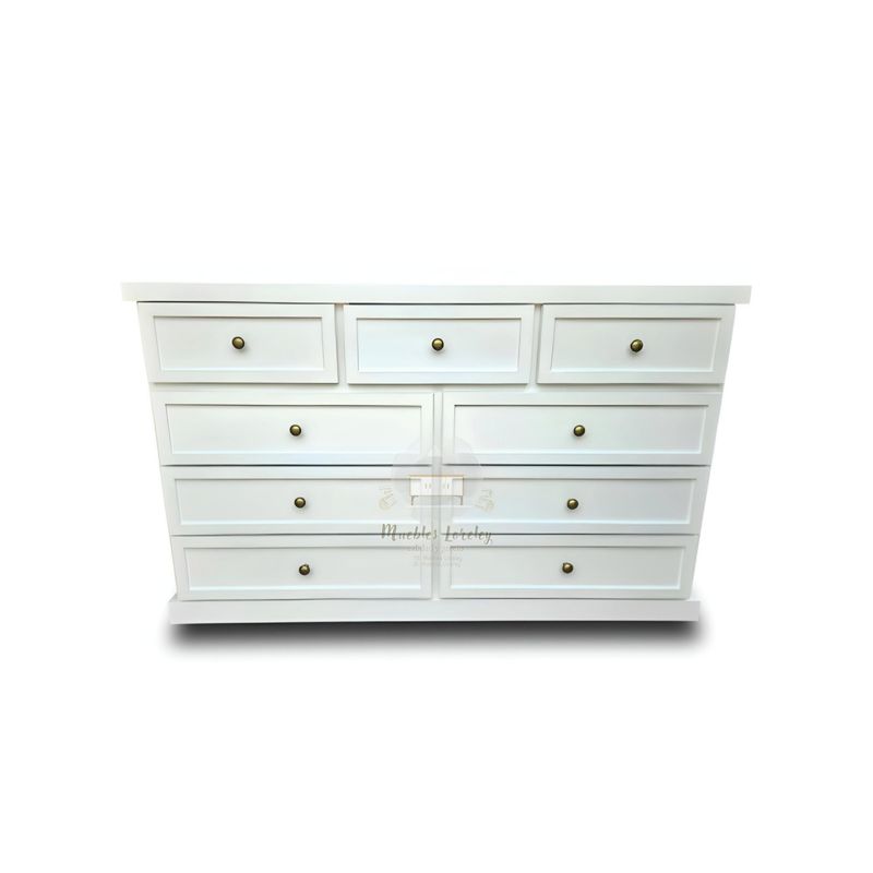 RUSTIC STYLE - COMODA 9 CAJONES BLANCA Y TIRADORES DELUXE.