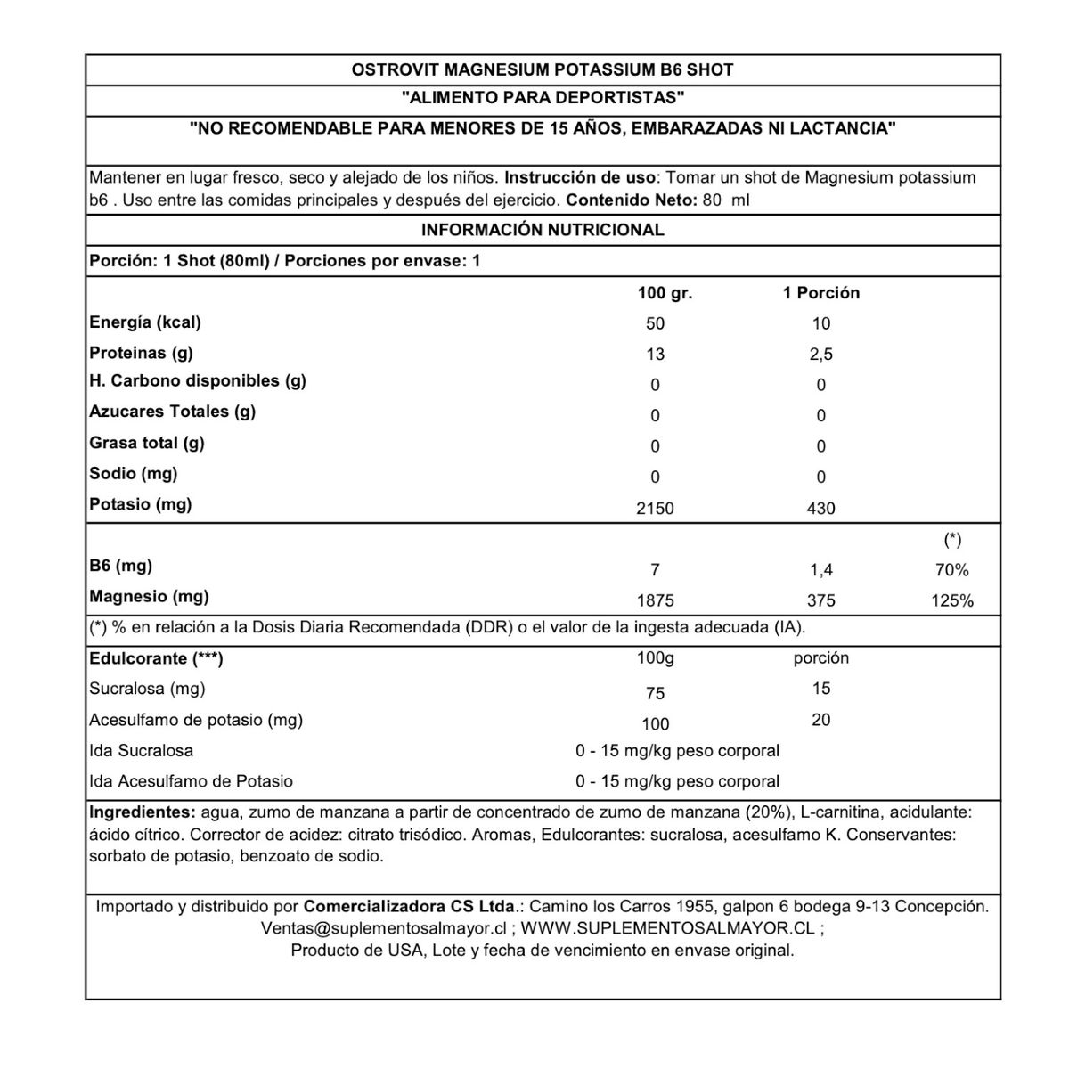 OSTROVIT - MAGNESIO POTASIO Y B6 SHOT 80 ML LEMON LIME GRAPE.