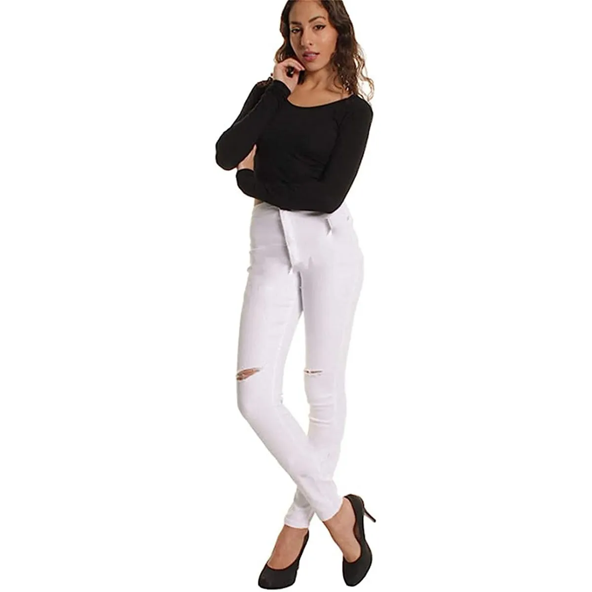 EDWINAYY - Vaqueros Elásticos Con Agujeros En Las Rodillas Para Mujer