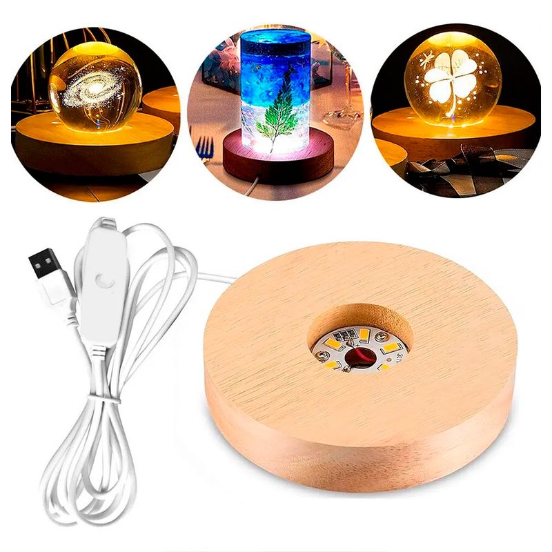 GENERICO - Base Redonda Madera Led 3 Tonos Para Lámpara Bola 3d 10cm