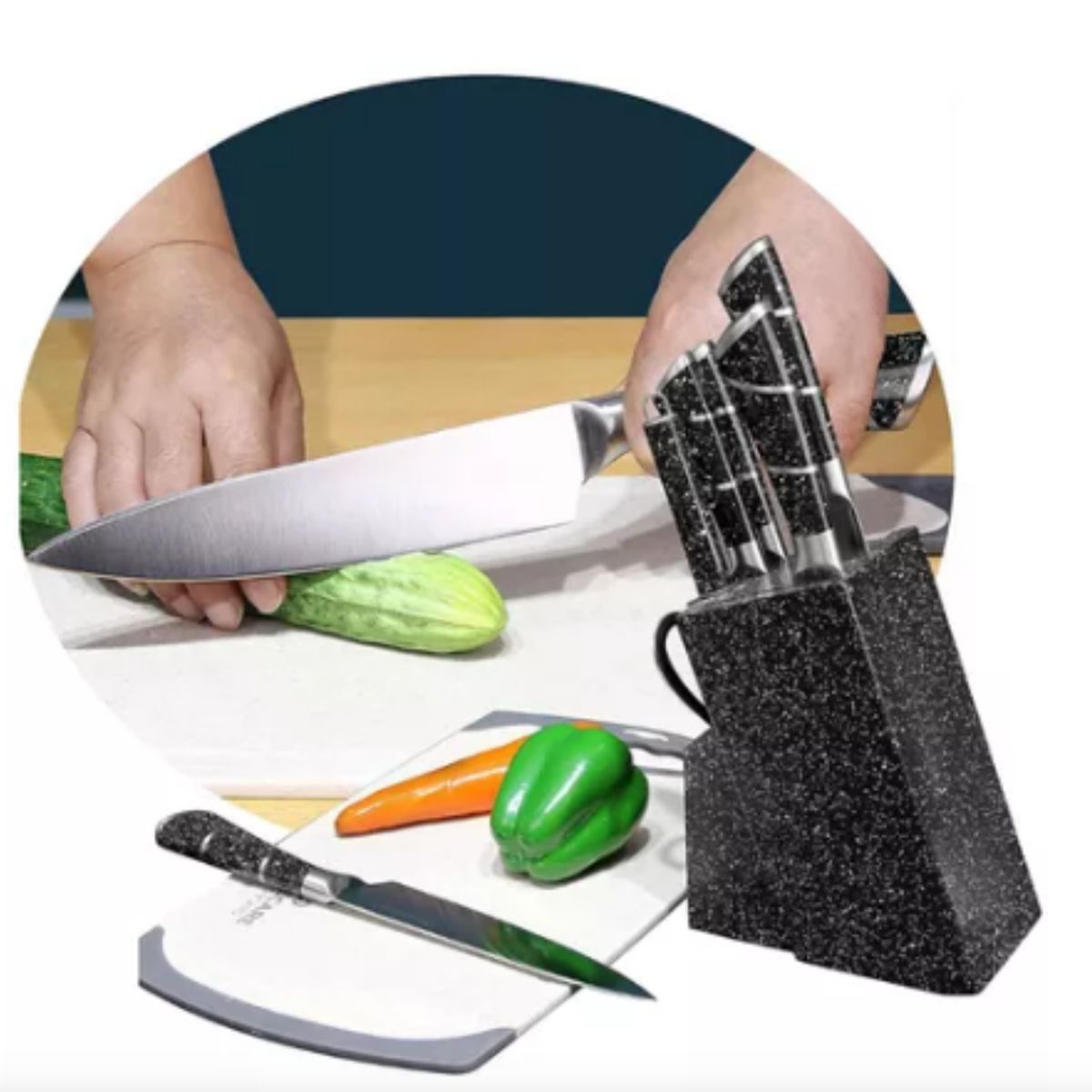 GENERICO - JUEGO DE CUCHILLOS CON BASE MADERA Y UTENSILIOS 11 PIEZAS COLOR GRIS