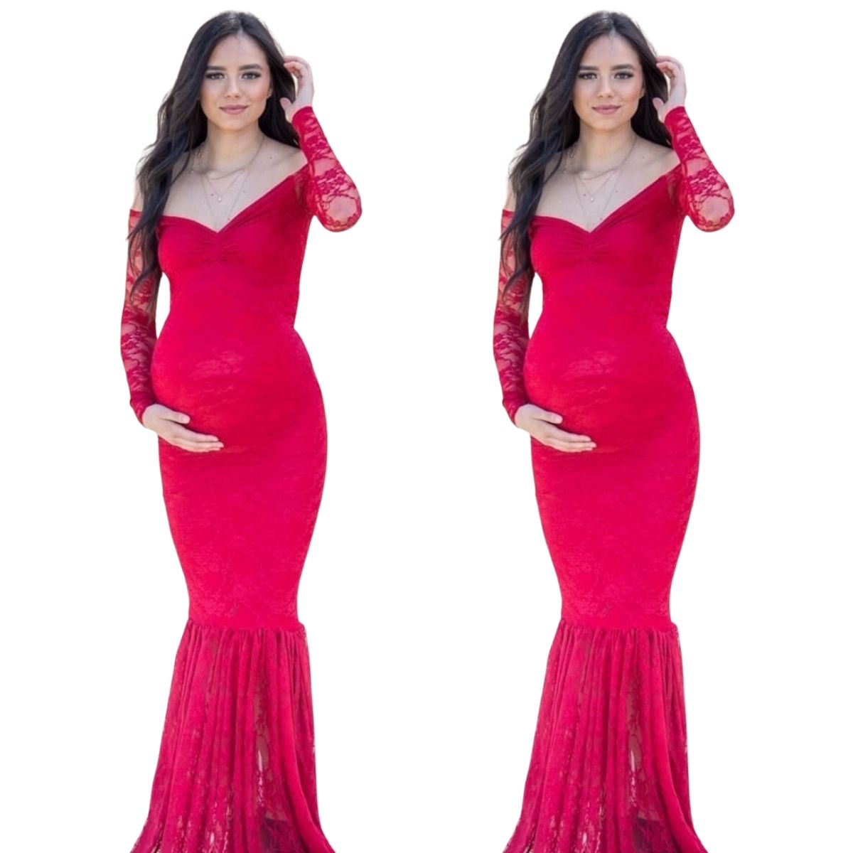 GENERICO - VESTIDO CORTE SIRENA EMBARAZADA MANGA LARGA CUELLO TODO ENCAJE