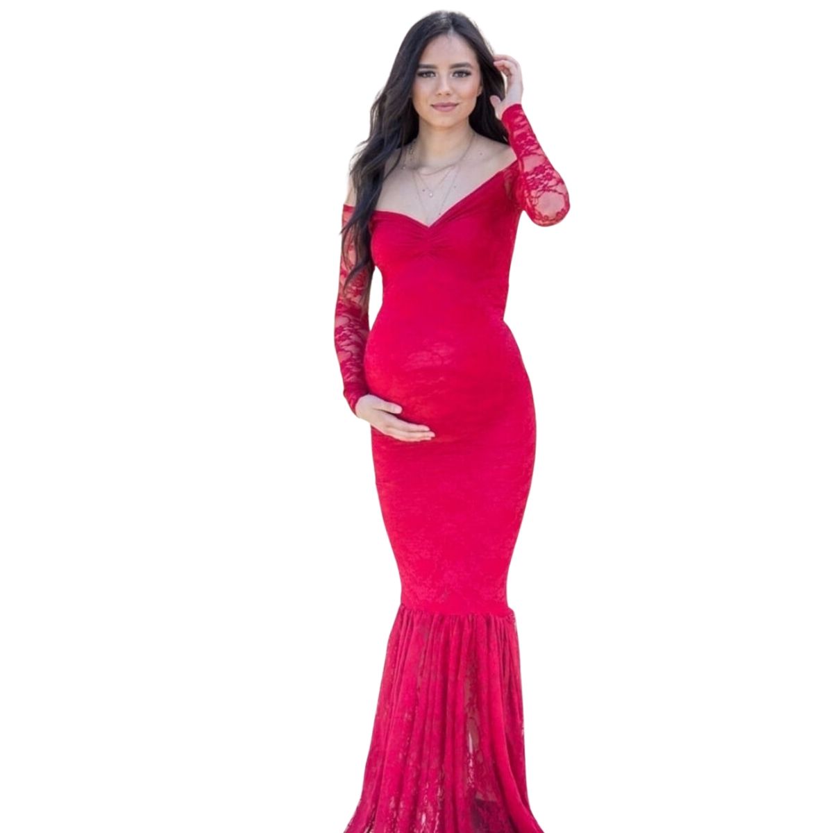 GENERICO - VESTIDO CORTE SIRENA EMBARAZADA MANGA LARGA CUELLO TODO ENCAJE
