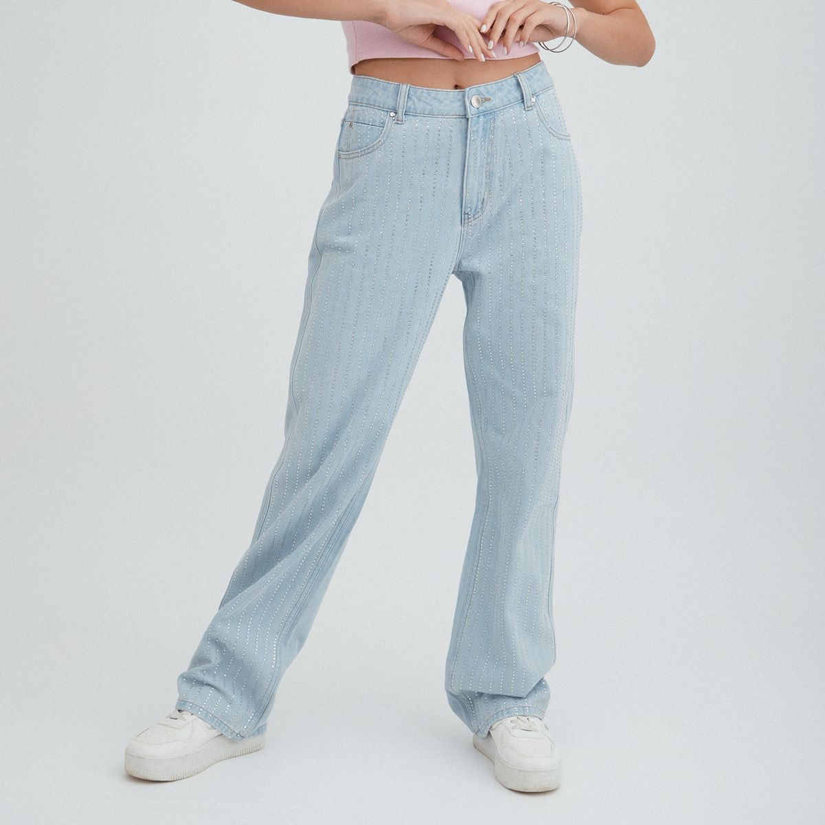 ACUARELA - Jeans Wide Leg Con Strass Celeste Mujer Acuarela