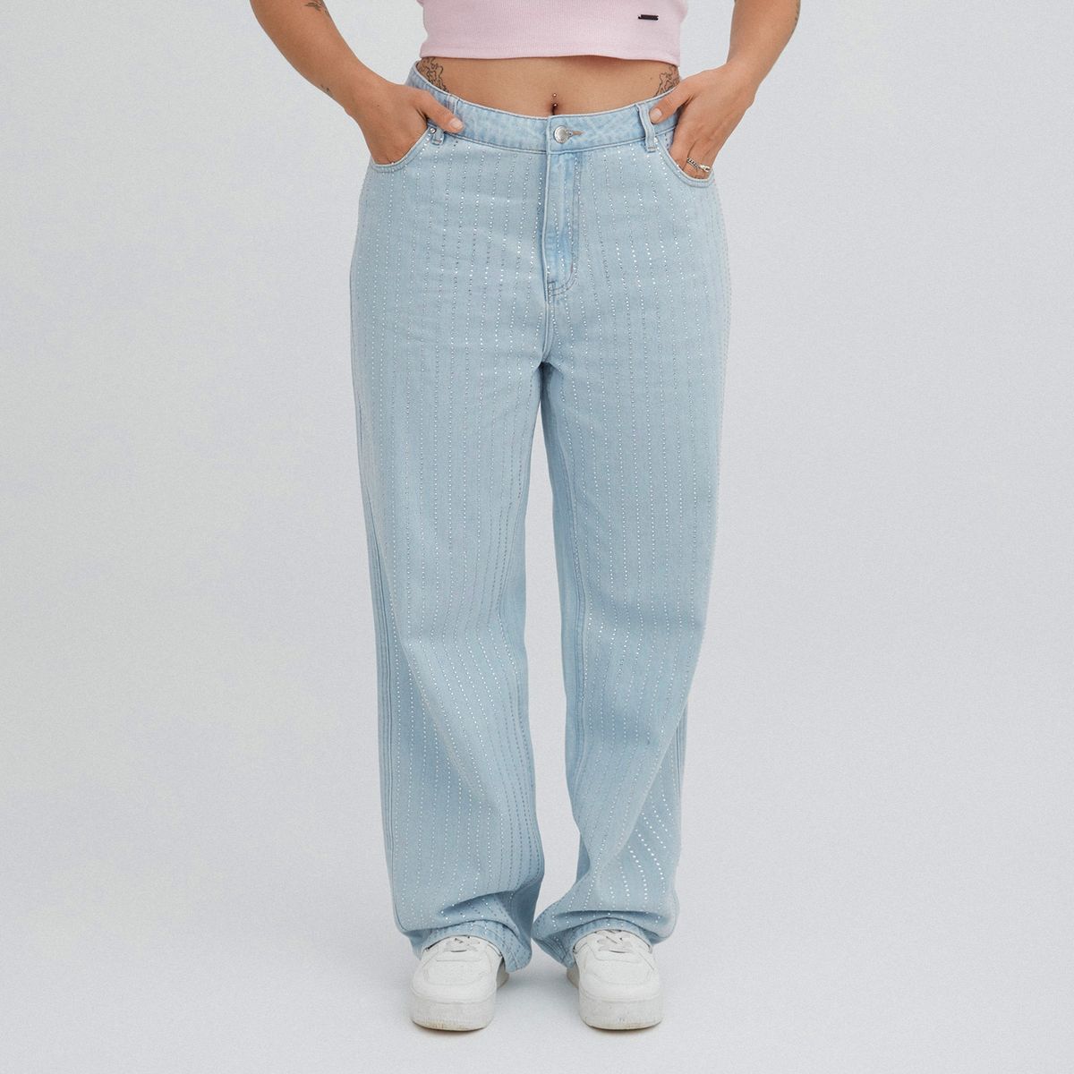 ACUARELA - Jeans Wide Leg Con Strass Celeste Mujer Acuarela