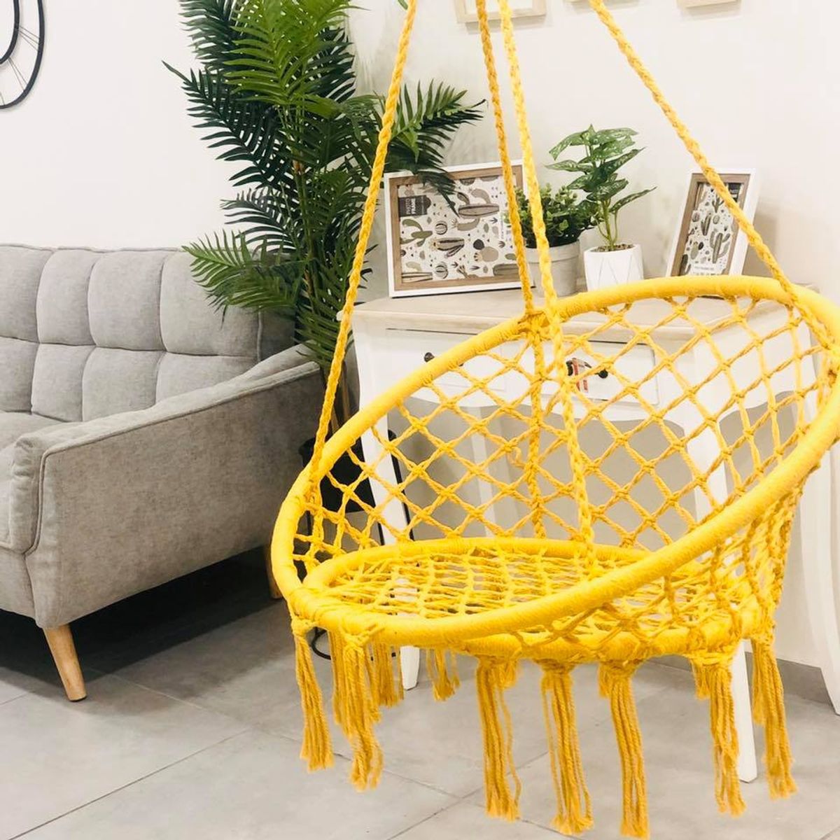 GENERICO - Silla Colgante TejiDa De Borlas Unicolor AMARILLO Tipo Columpio