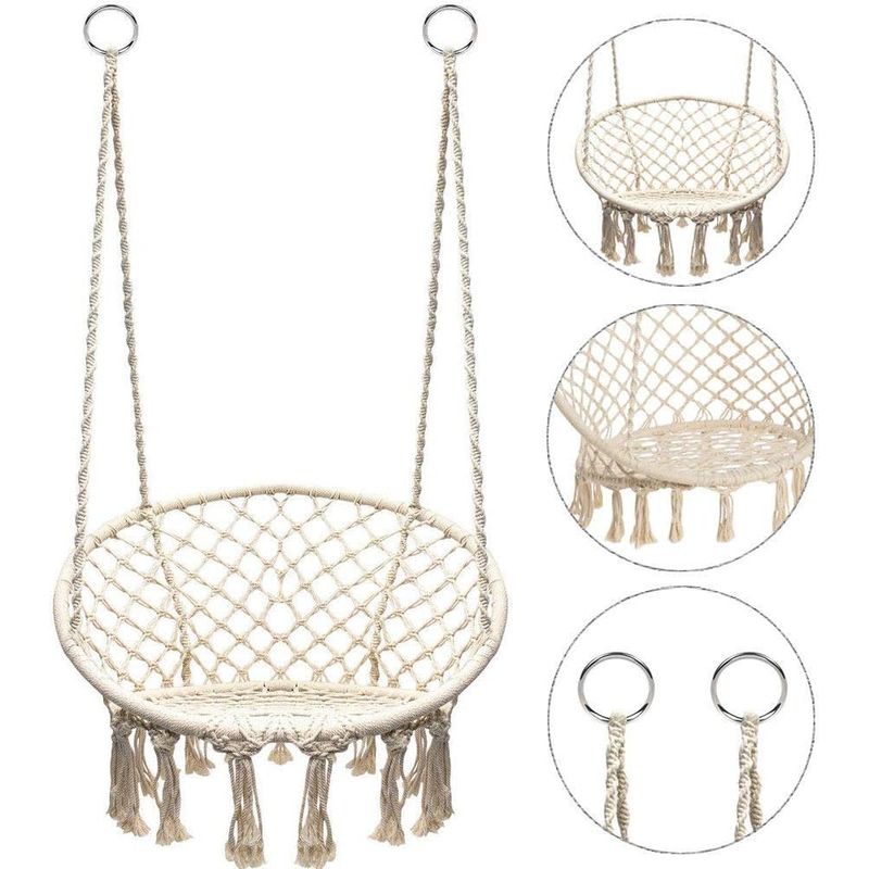 GENERICO - Silla Colgante TejiDa De Borlas Unicolor BEIGE Tipo Columpio
