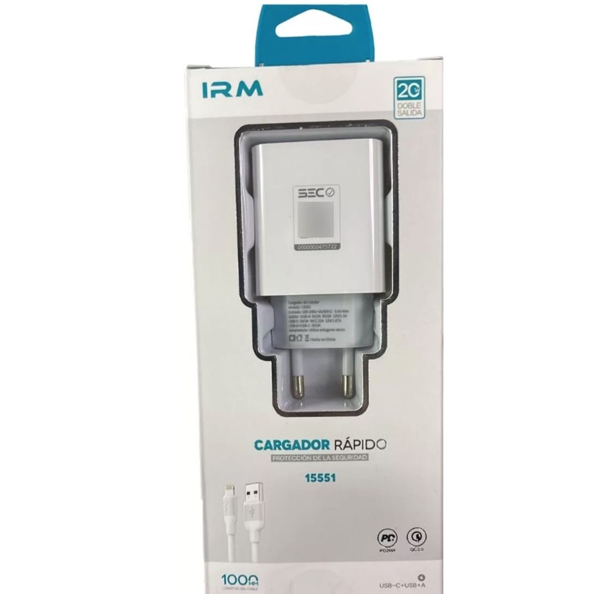 GENERICO - Cargador IRM Fast Charge 15551 Doble Usb  Cable LIGHTNING Refozado