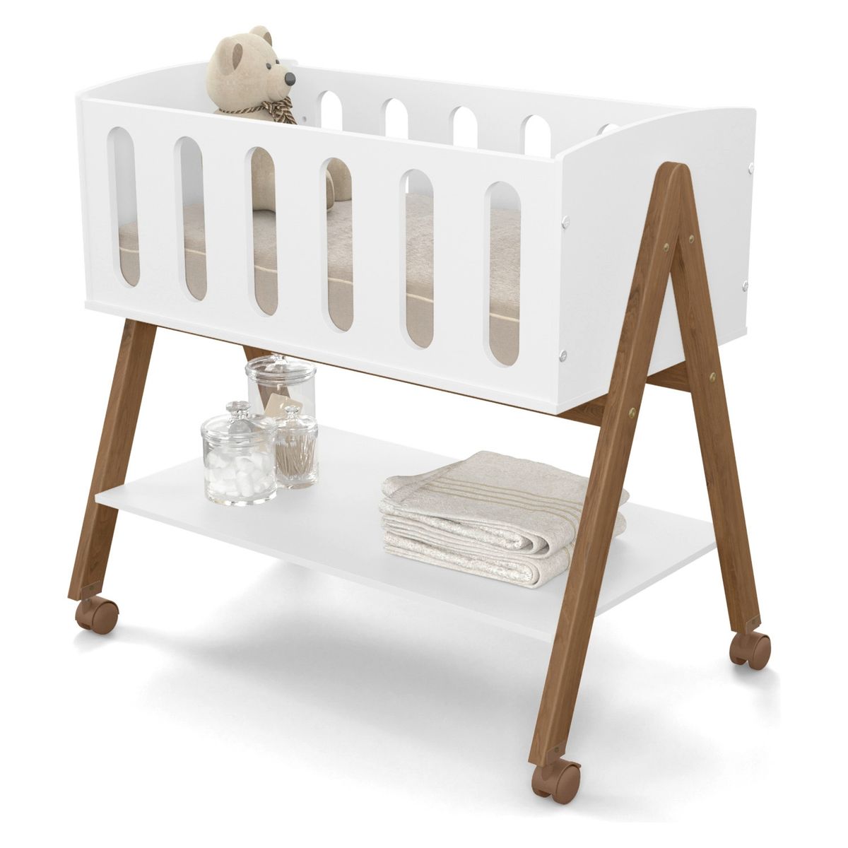 KIDSCOOL - Mini Cuna Colecho Liv Blanca/Eco Wood Con Ruedas Kidscool