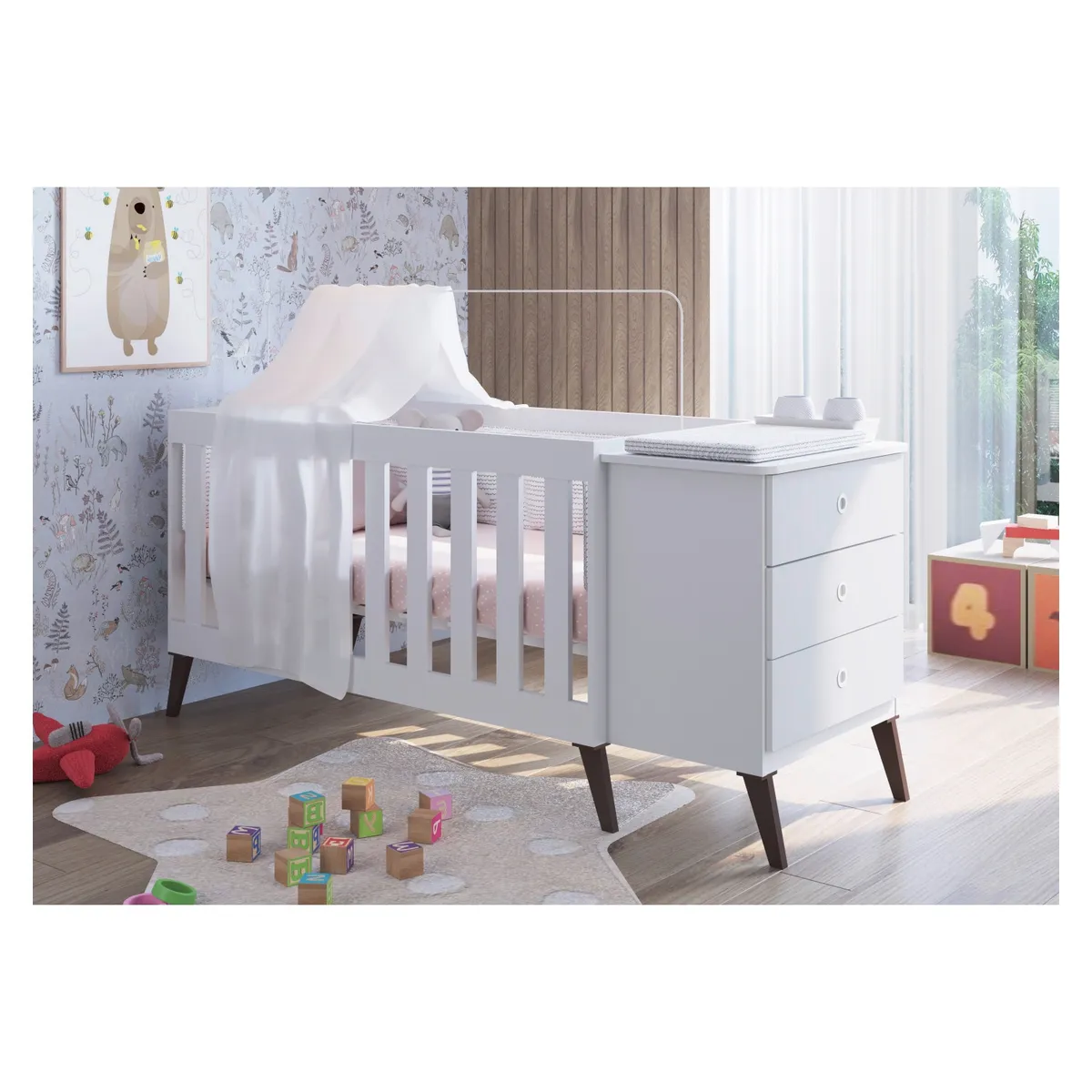 KIDSCOOL - Cuna Con Cajonera Encanto Blanco Kidscool