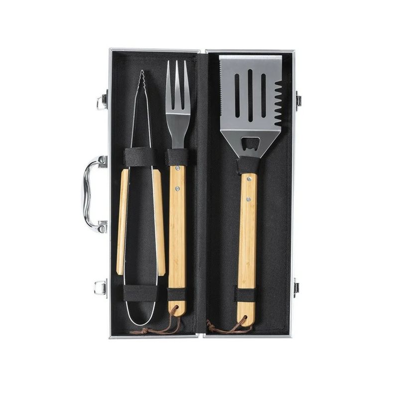 IMPORTCLICK - Set Maleta Parrillera 3 Accesorios Metal Bambú Lenvit IMPORTCLICK