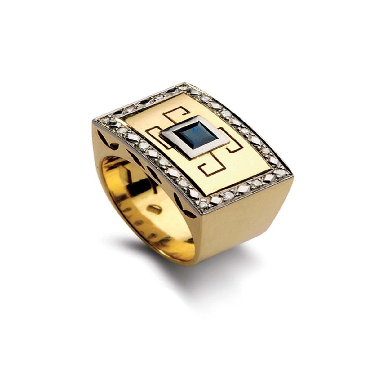 JB JOYAS BARON - Anillo de Oro Amarillo 18kt Modelo Tezca 16 Diamantes Corte Brillante de 1pts Y Zafiro central 3x3