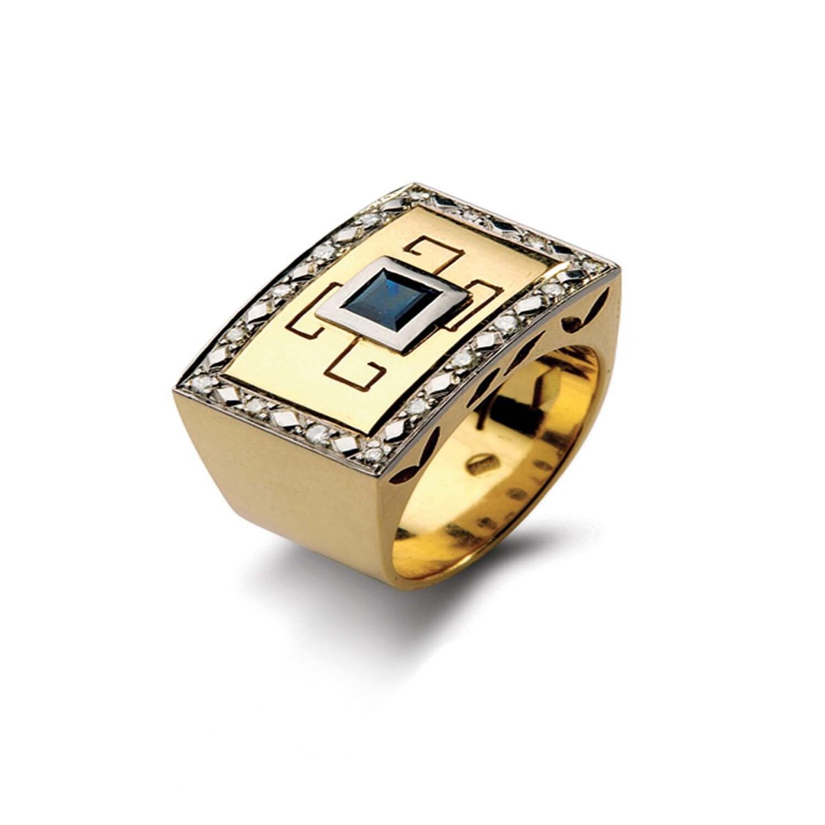 JB JOYAS BARON - Anillo de Oro Amarillo 18kt Modelo Tezca 16 Diamantes Corte Brillante de 1pts Y Zafiro central 3x3