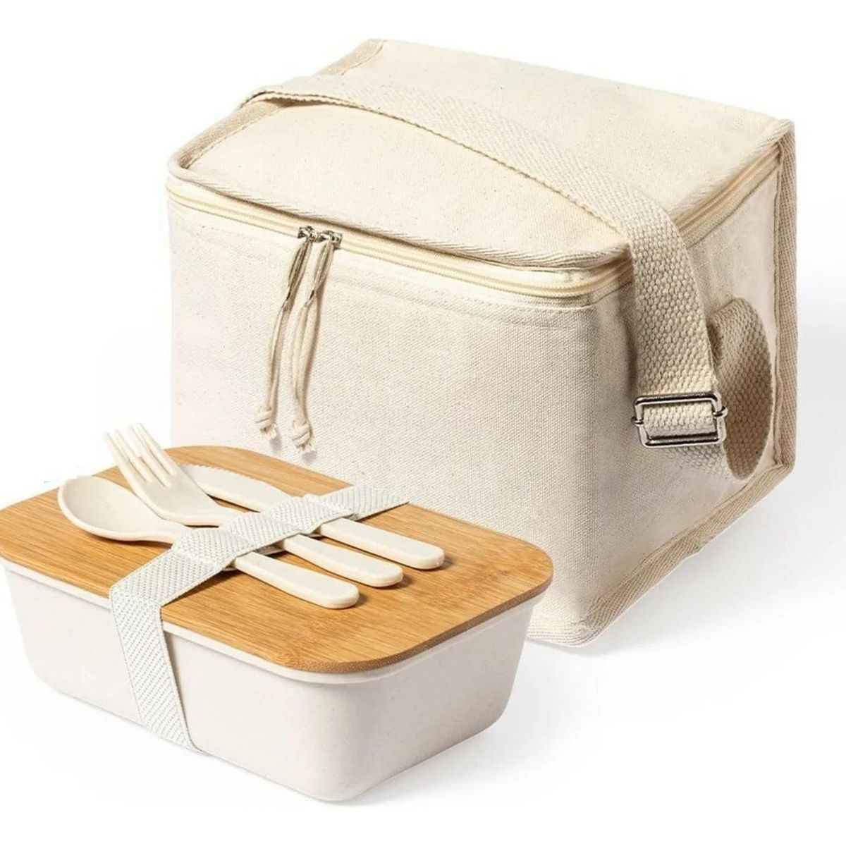 IMPORTCLICK - Set Bolso Cooler Tupper Hermético Cubiertos PP Bambú Parum 1000 ML - Beige